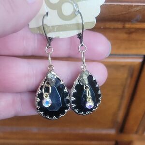 Black Teardrop Dangle Earrings with Aurora Crystal And Pyrite Accent -